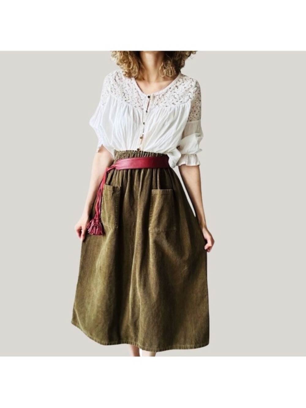 The Simple Folk Olive Corduroy Midi Skirt – Small